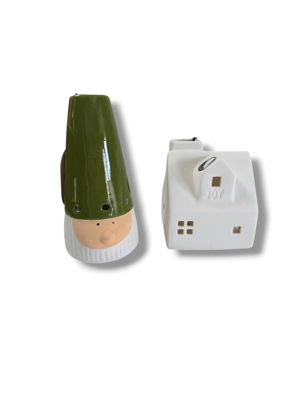 Ceramic Olive Green Gnome Night Light with White House Accent